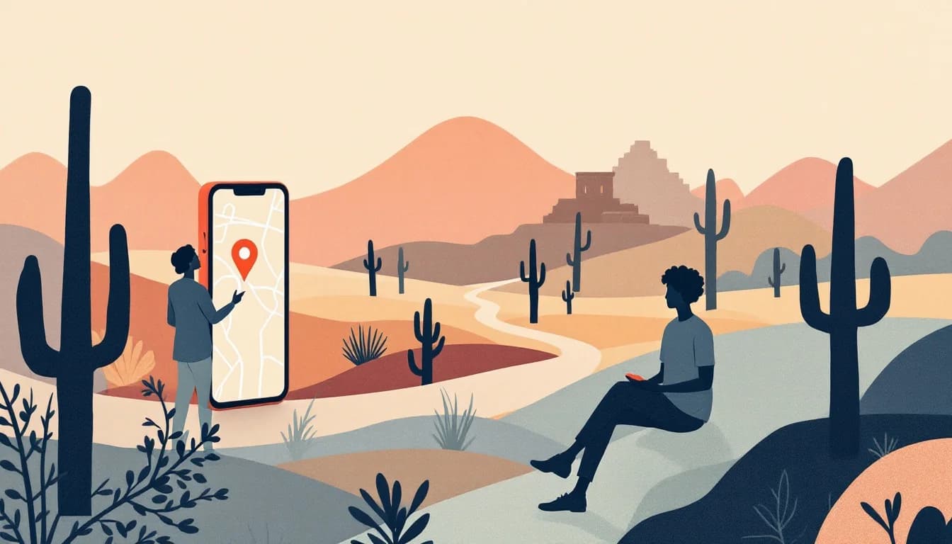 Phone and screen silhouettes with map pins connecting an Arizona desert landscape to a treatment facility, warm editorial illustration