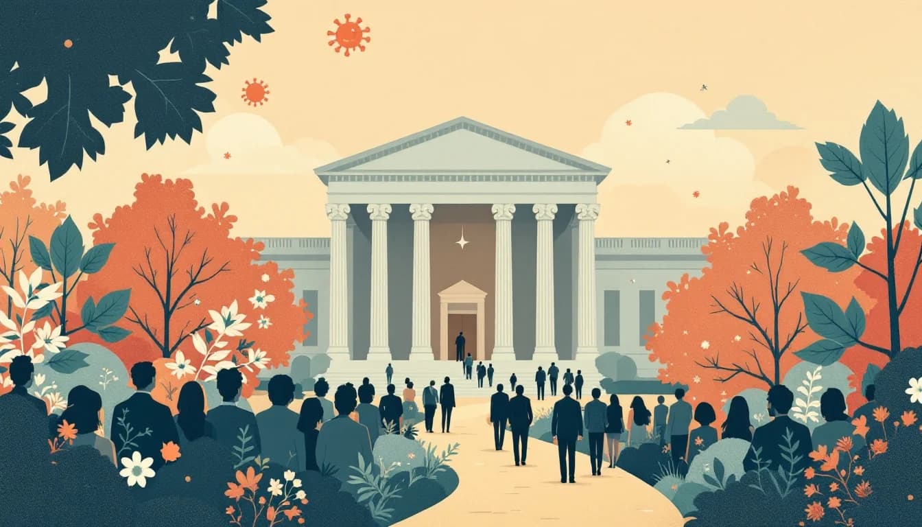 Federal building with botanical elements and molecule structures on a pathway toward healing, warm editorial illustration