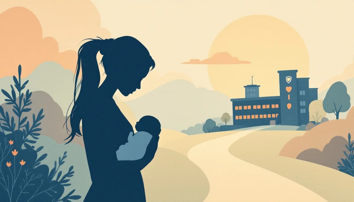 Mother cradling a newborn near a hospital building with a protective pathway toward light, warm editorial illustration