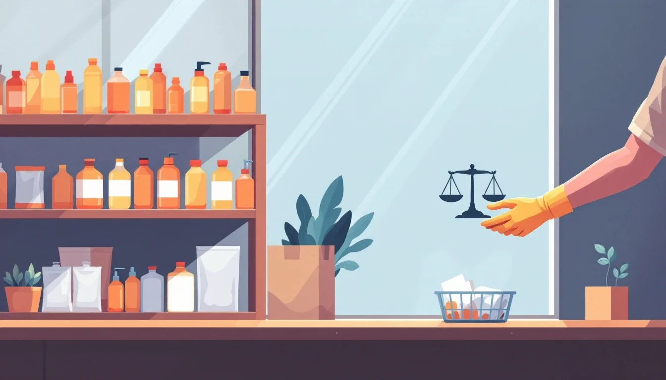 Empty smoke-shop shelf being cleared of unlabeled supplement packages, warm editorial illustration