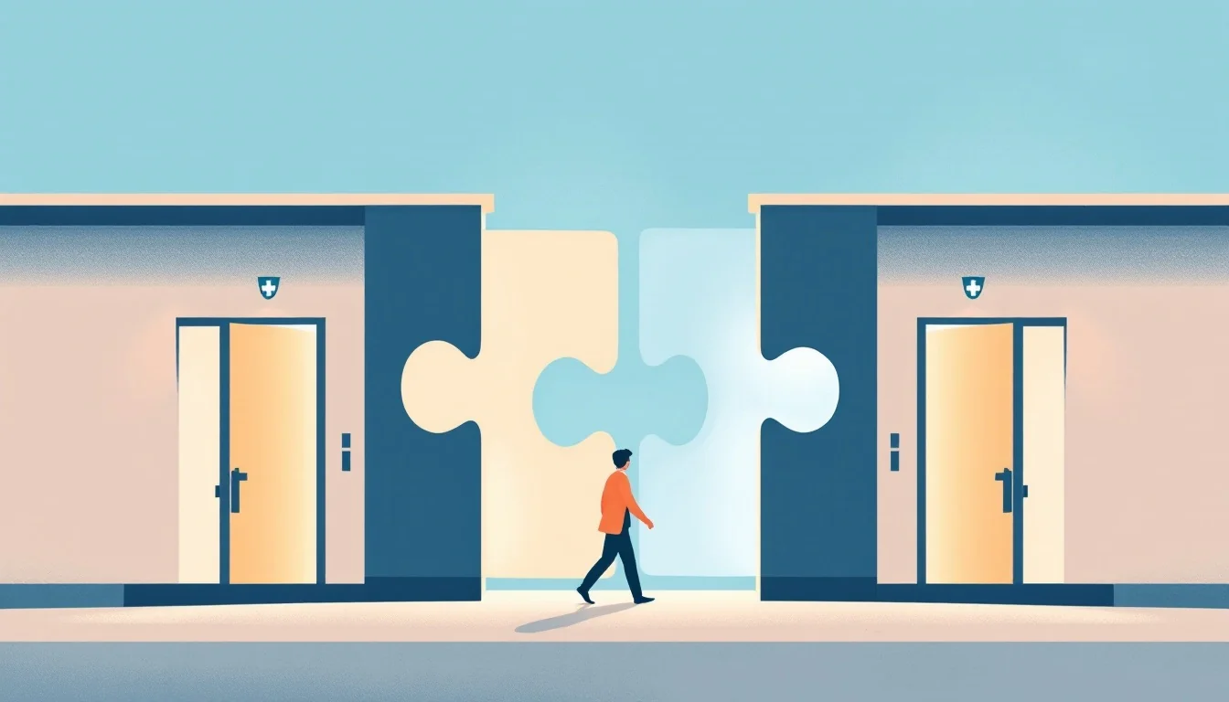 Two separate clinic doorways merging into one shared entrance, warm editorial illustration