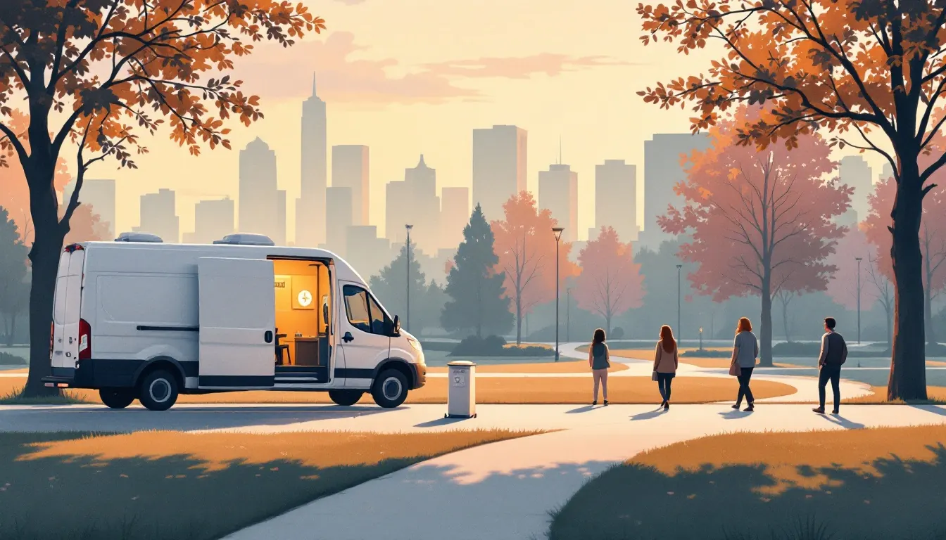 A white outreach van parked beside a city park path at dawn, warm editorial illustration