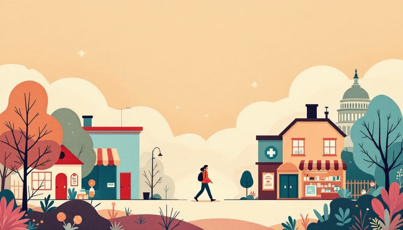 A person walking along a small-town street toward a neighborhood pharmacy, a capitol dome in the distance, warm editorial illustration