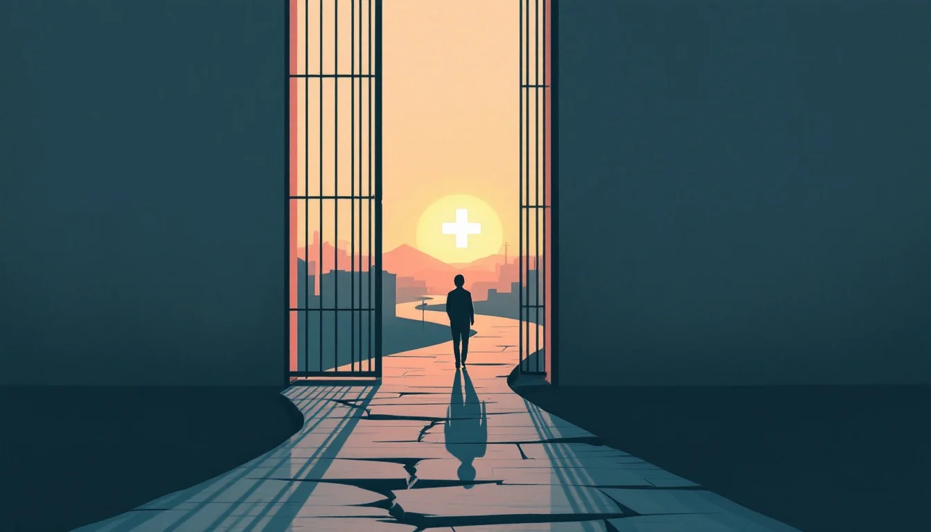 A person walking through an open barred gate at dawn along a cracked path toward a distant medical cross, editorial illustration