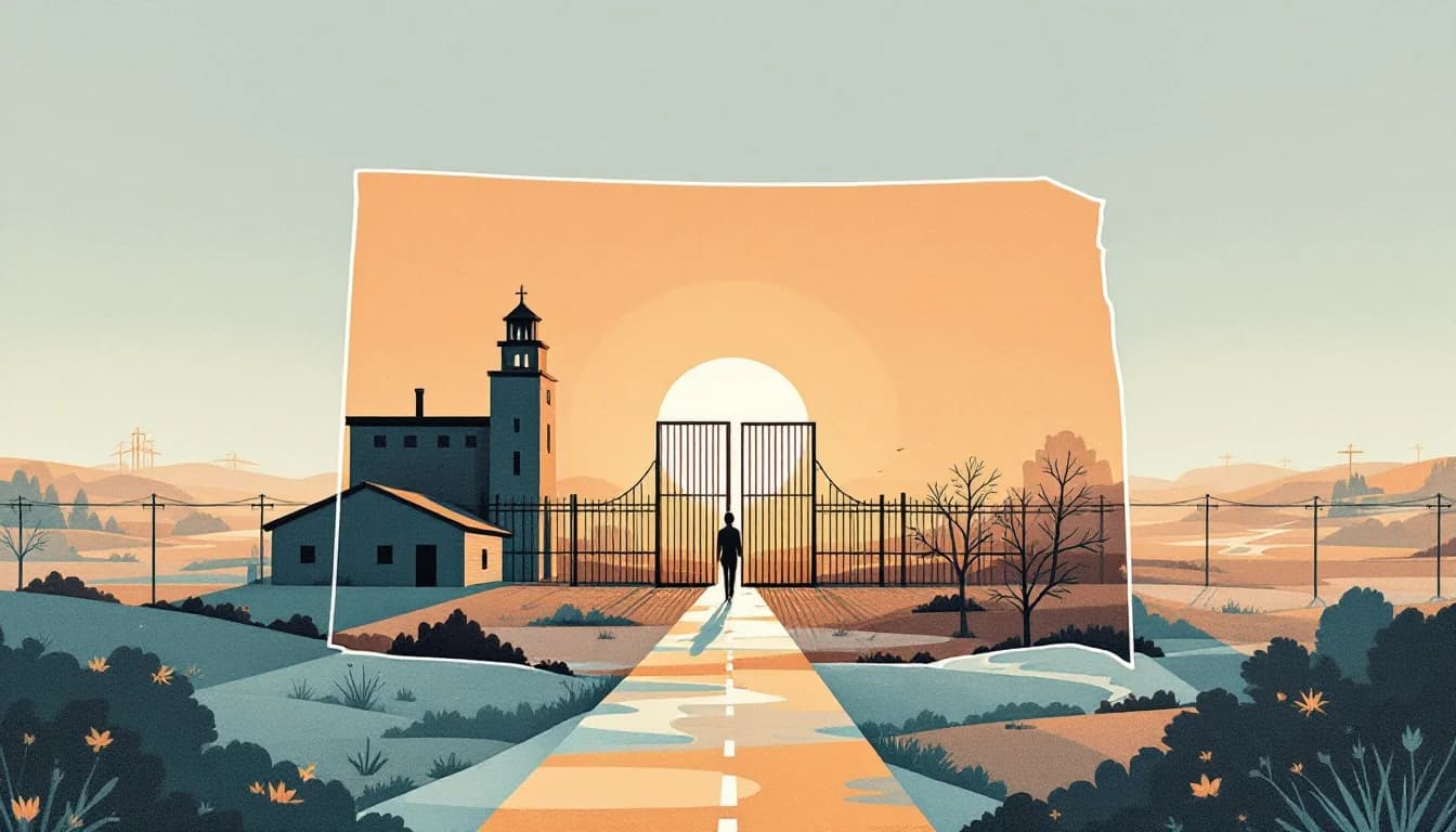 A person walking through an open prison gate toward sunrise along a path lined with care symbols, warm editorial illustration