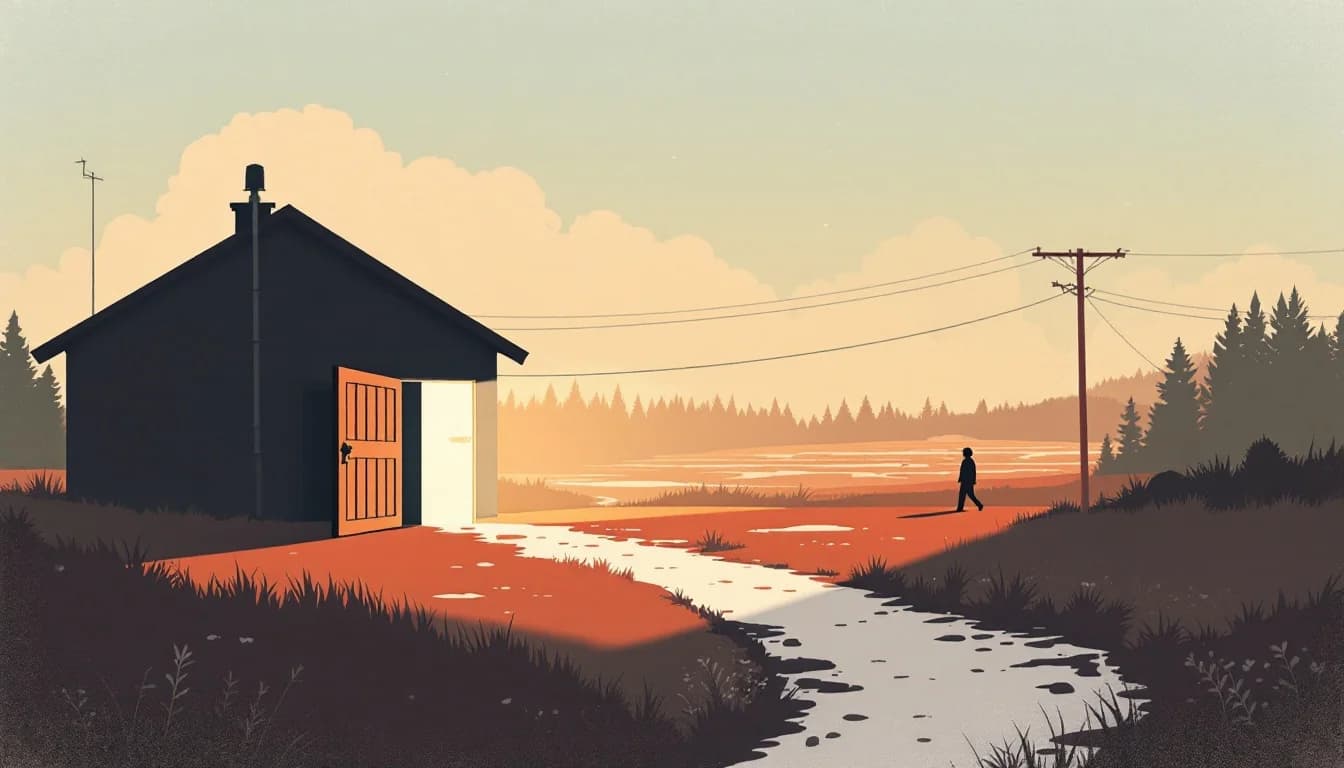 A small rural building with an open, glowing door beside a path where a lone figure walks toward the horizon at dawn, warm editorial illustration