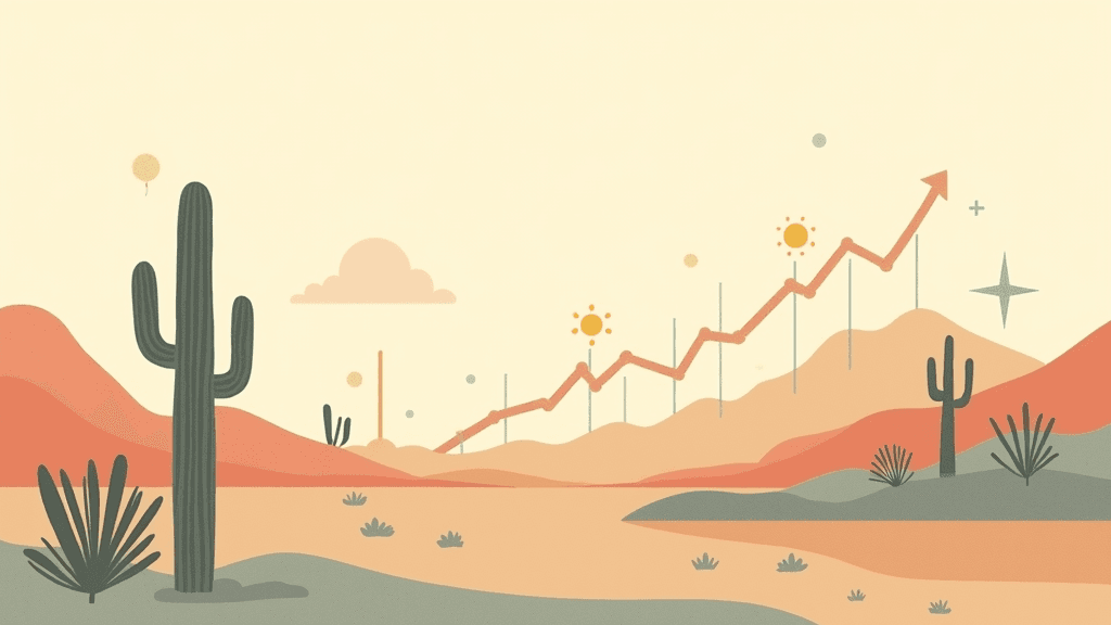 Arizona desert landscape with medical symbols representing overdose crisis, warm editorial illustration