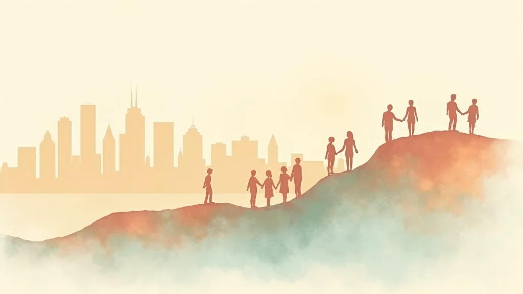 Cleveland cityscape with declining trend chart symbols, warm editorial illustration showing hope and recovery