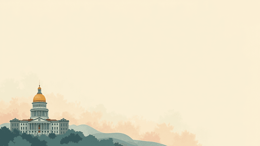 Massachusetts state house with funding documents and accountability symbols, warm editorial illustration