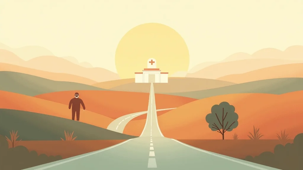 Rural landscape with distant treatment facility, warm editorial illustration showing geographic barriers to care