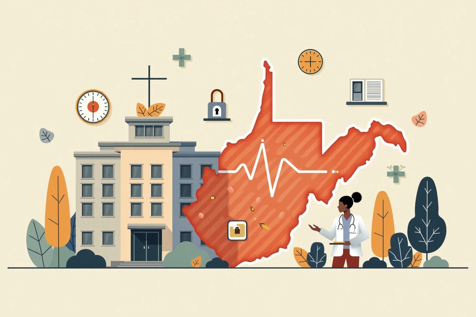 Hospital building with secure medical facility symbols, healthcare worker silhouettes, and justice scales representing accountability in warm editorial illustration style