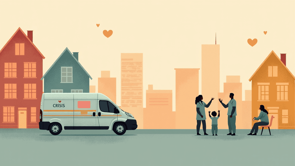 Baltimore cityscape with crisis response team van, warm editorial illustration showing community support and mental health services