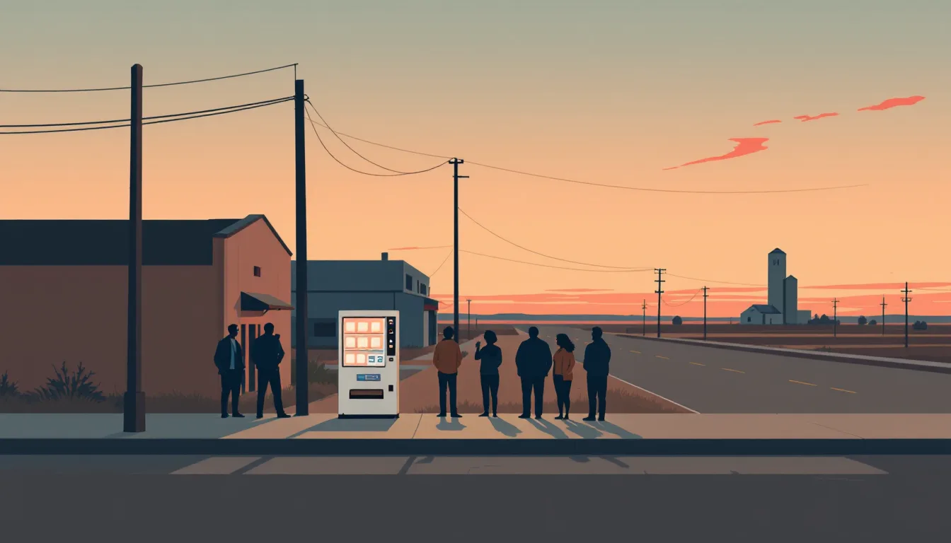 Flat vector editorial illustration of an Oklahoma prairie town at dusk with a naloxone vending machine whose lights are switching off as concerned neighbors gather, symbolizing a lifeline program ending