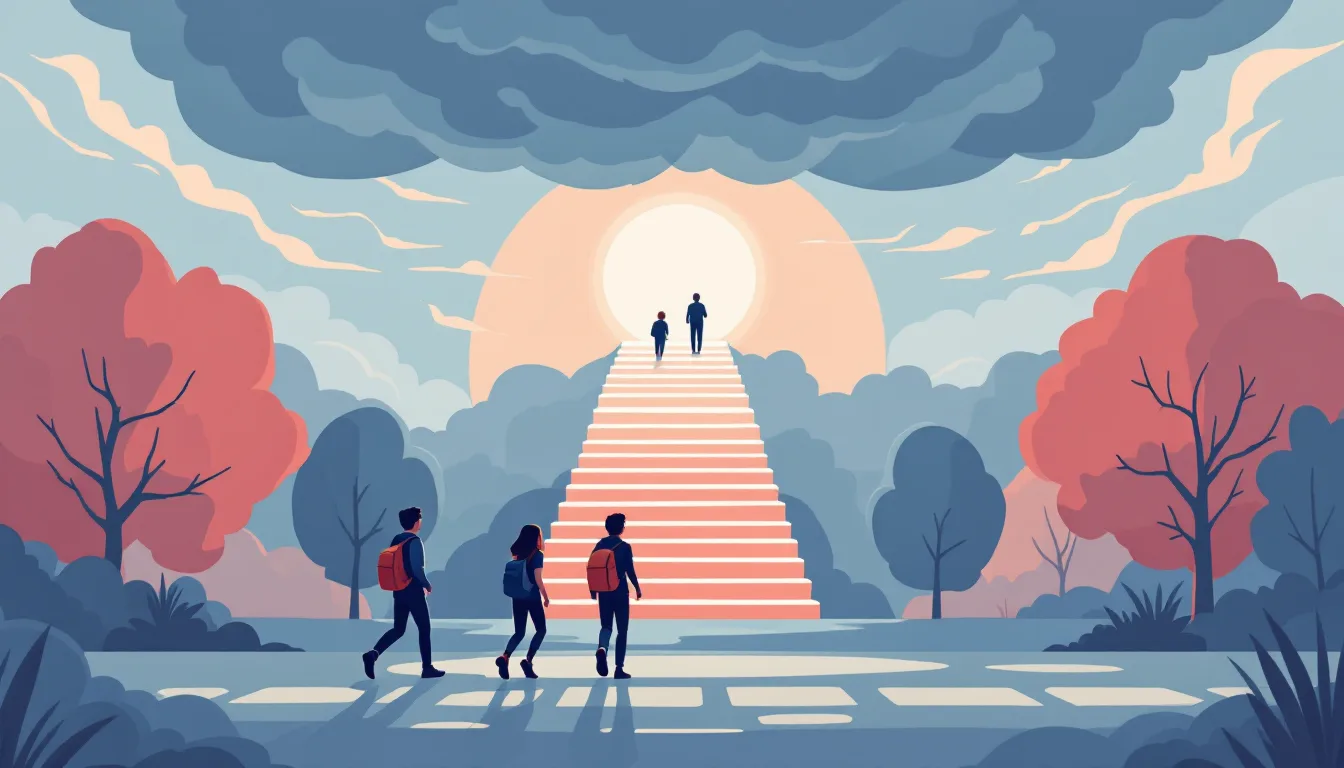 Flat vector editorial illustration of teenagers with backpacks walking under a sunrise sky where a heavy storm cloud breaks apart into soft light, symbolizing improving youth mental health