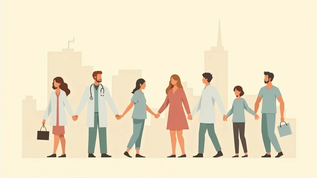 Health care professionals and insurers joining hands in commitment to behavioral health quality improvement, warm editorial illustration