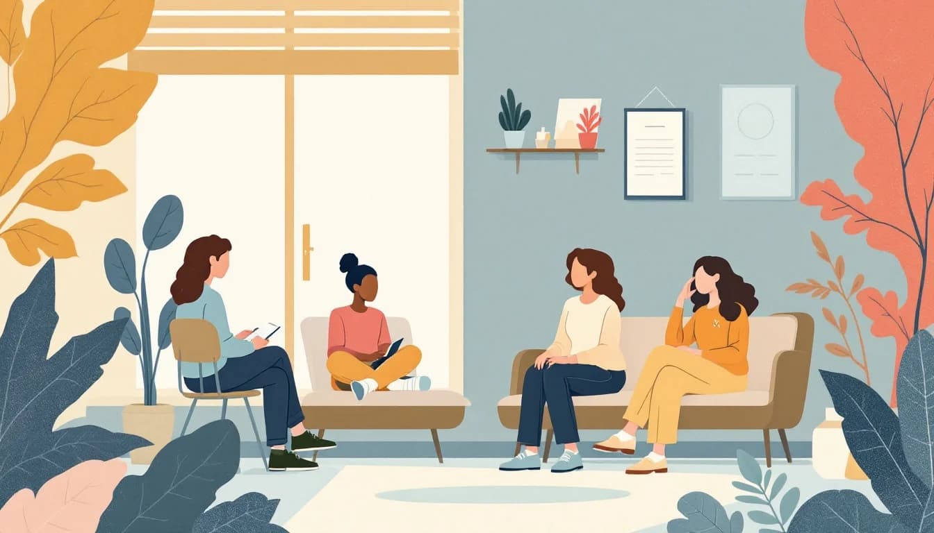 Youth recovery center with supportive group setting, warm editorial illustration in soft muted tones
