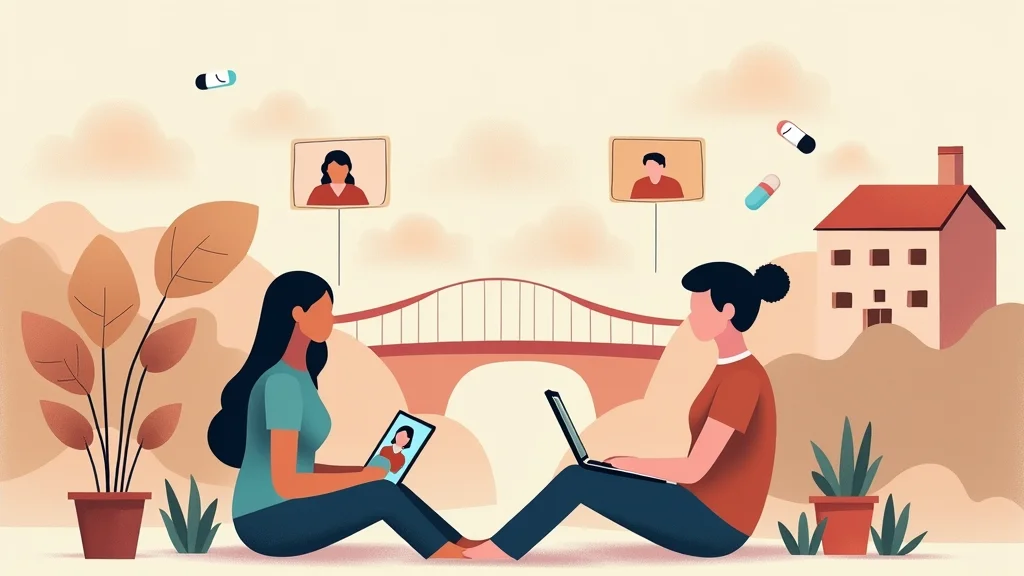 Telehealth consultation connecting patient with opioid treatment provider, warm editorial illustration with medication symbols and digital health technology