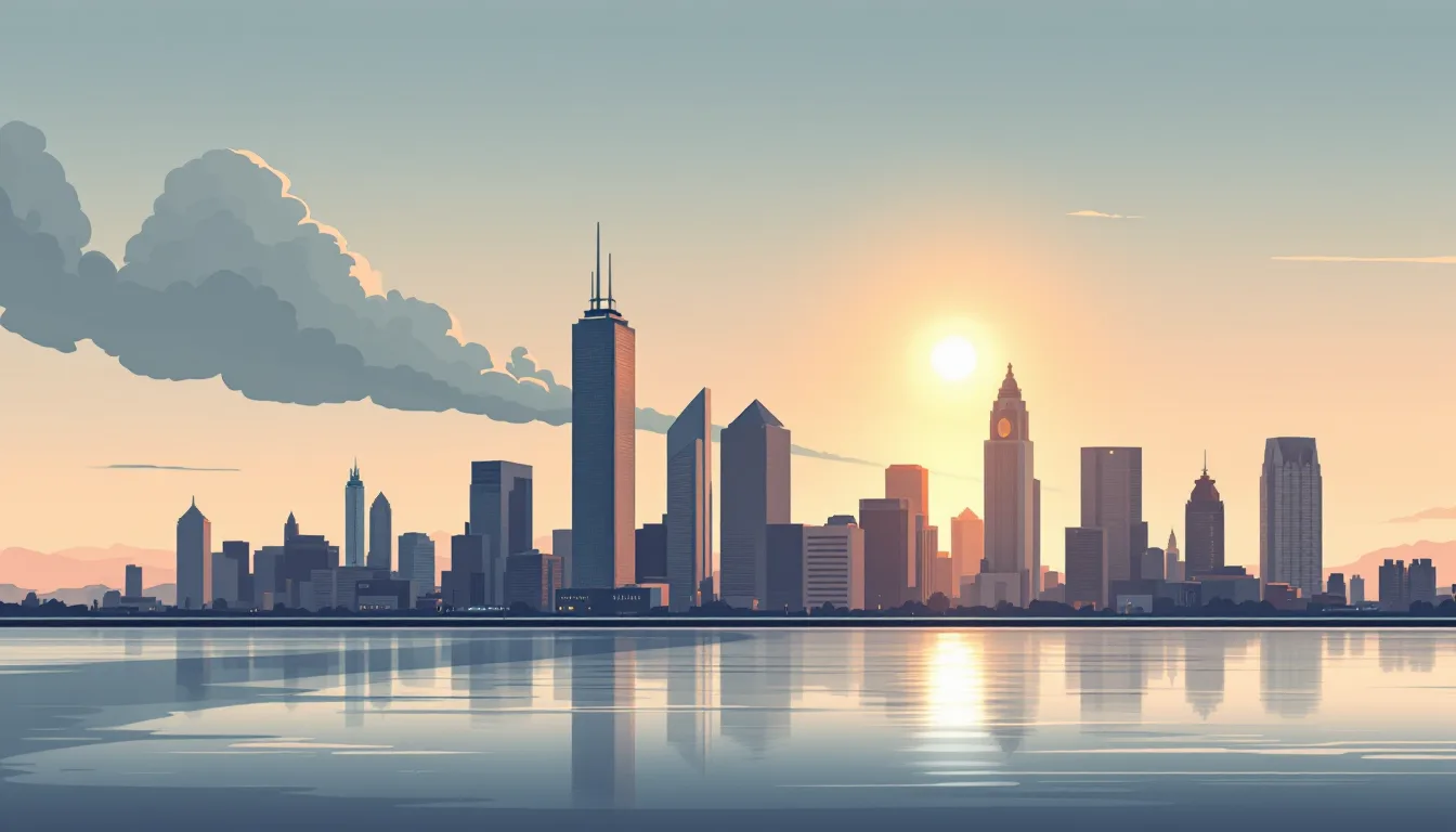 Flat vector editorial illustration of the Detroit skyline at golden hour with a descending ribbon of light and one small warning storm cloud at the horizon, symbolizing falling overdose deaths amid the carfentanil threat