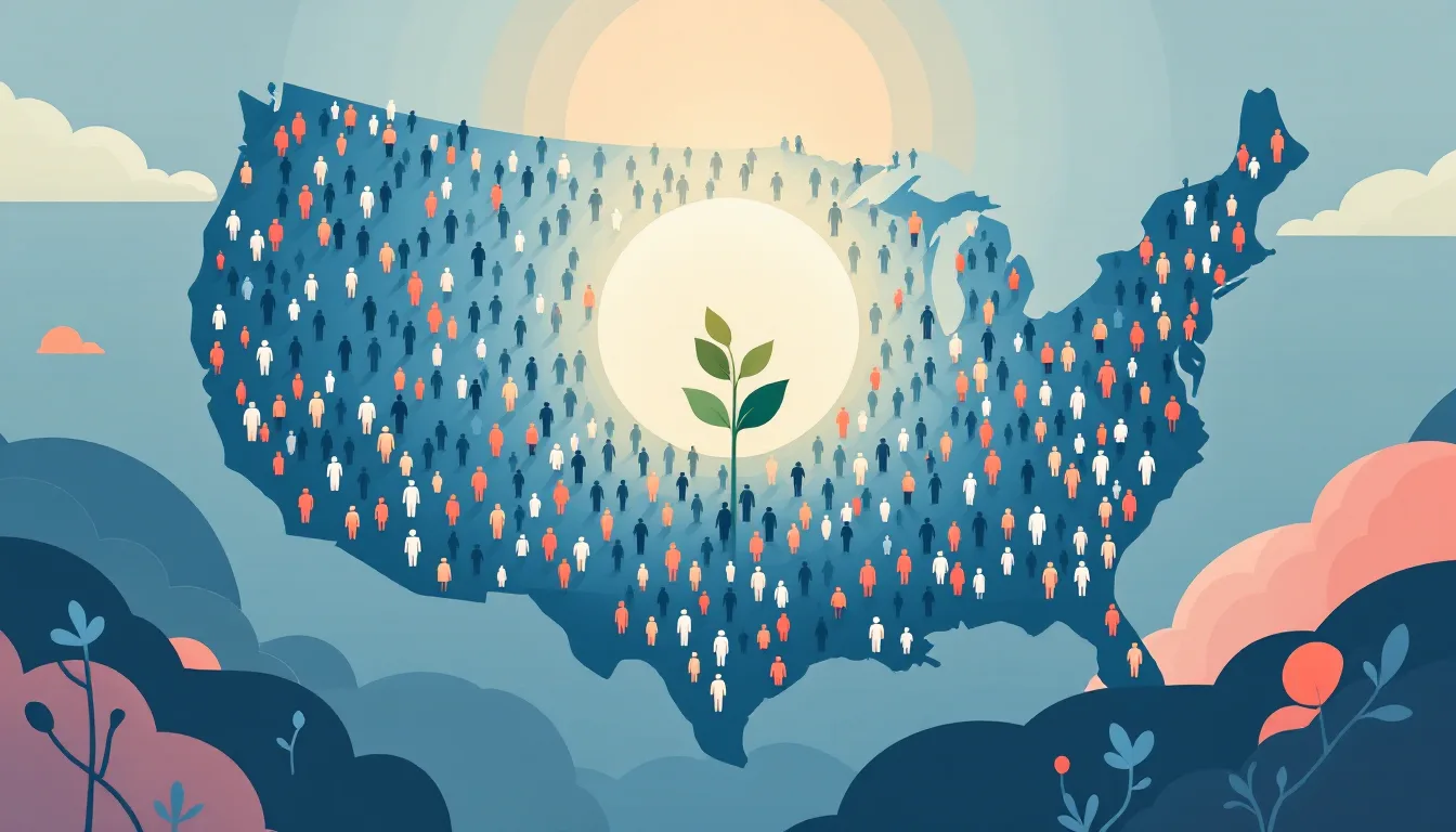 Flat vector editorial illustration of a stylized United States map dotted with tiny human figures gathered together by a gentle circle of light, symbolizing a national survey revealing the scale of substance use disorder