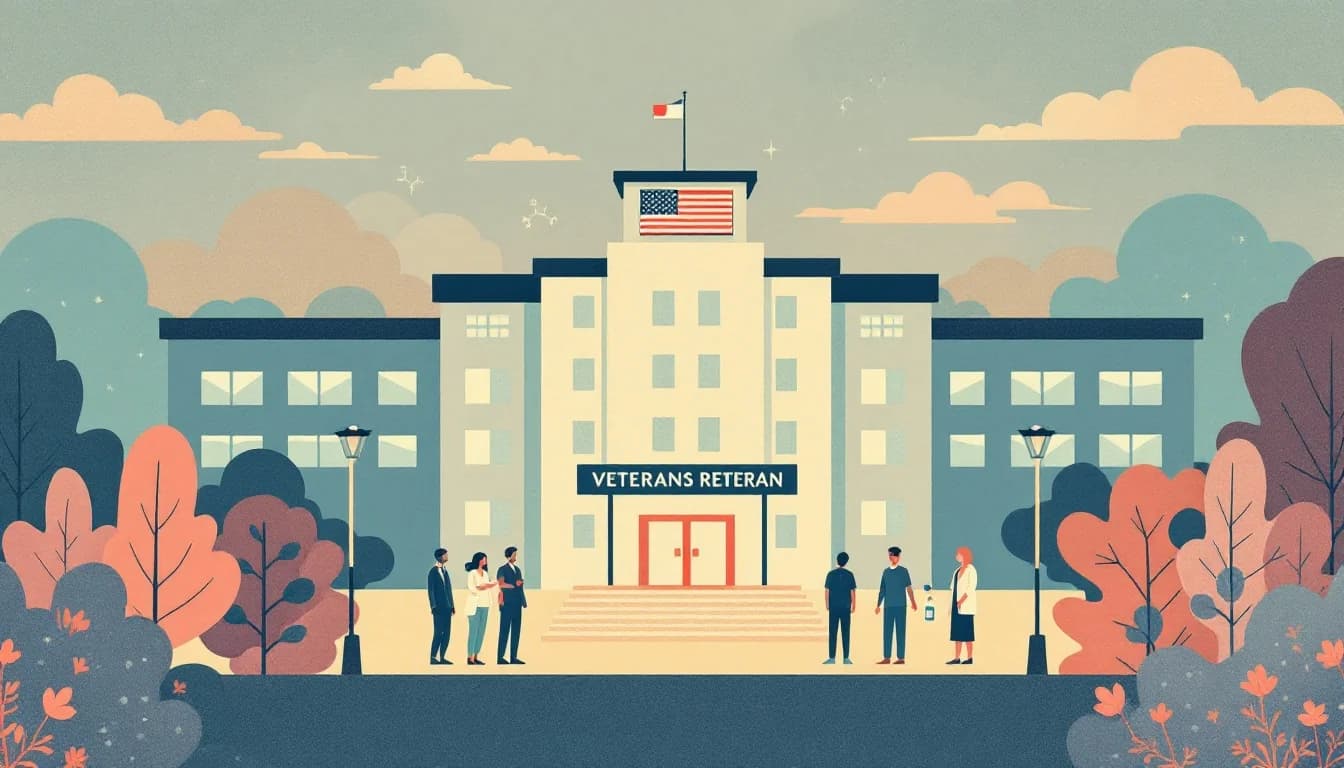 Veterans hospital research building with laboratory and clinical trial symbols, warm editorial illustration