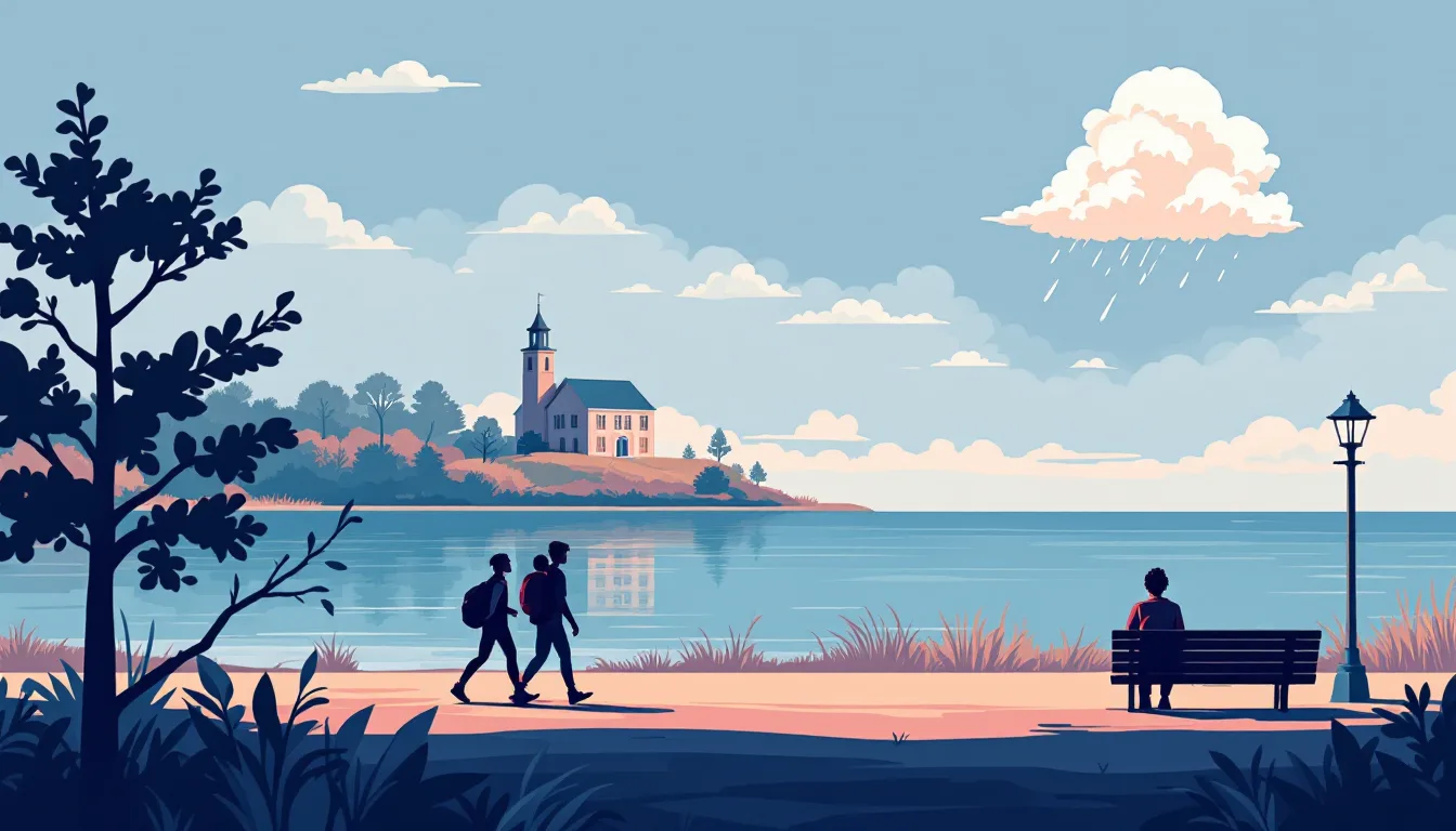 Flat vector editorial illustration of the Chesapeake Bay shoreline with vapor clouds dissolving above teenagers while one soft rain cloud lingers over a student on a bench, symbolizing falling teen vaping and lingering sadness