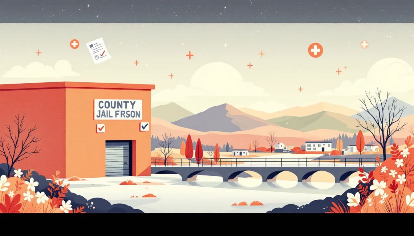 Warm editorial illustration of a county jail building with medical cross symbols and documents, soft muted tones