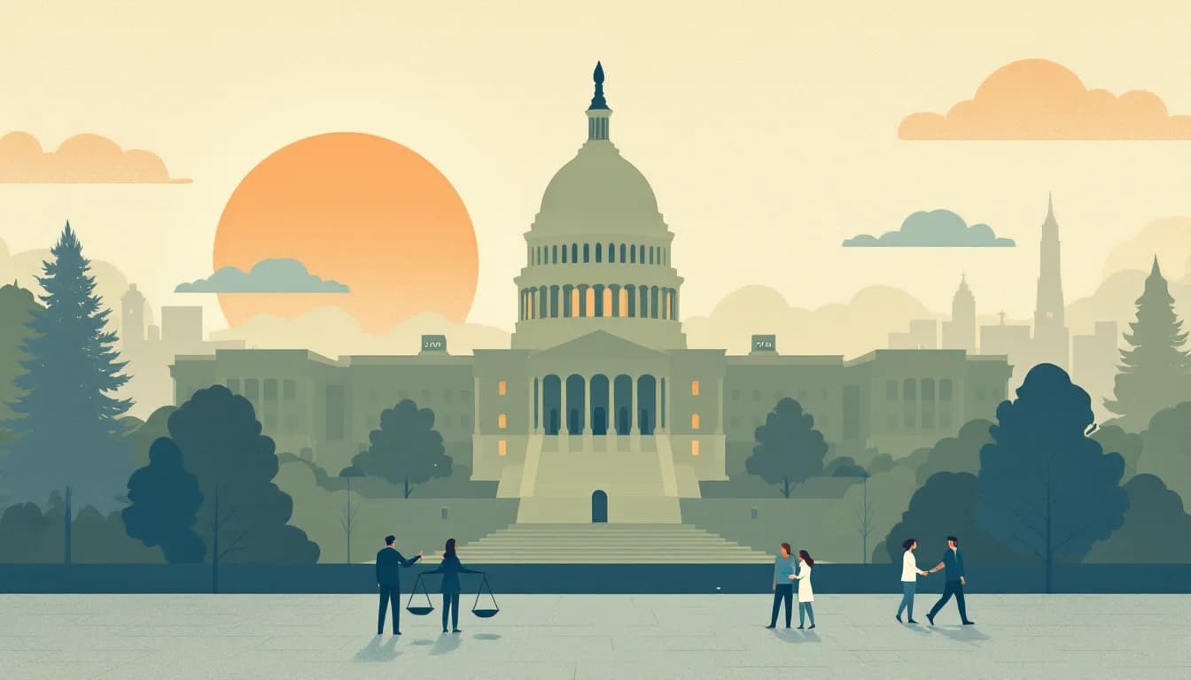Washington D.C. Capitol building with budget documents and scales of justice, warm editorial illustration