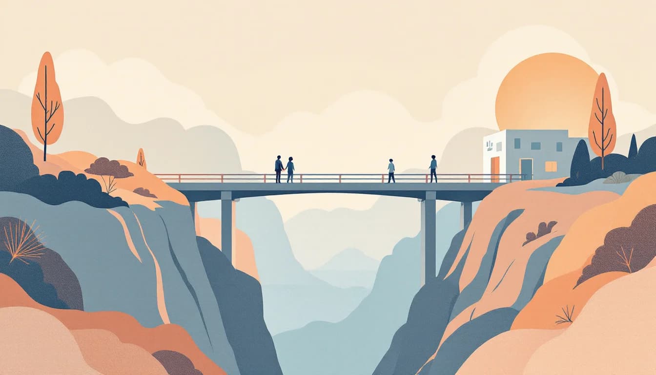 Warm editorial illustration of a bridge with a gap, people on one side and healthcare facility on the other, soft muted tones