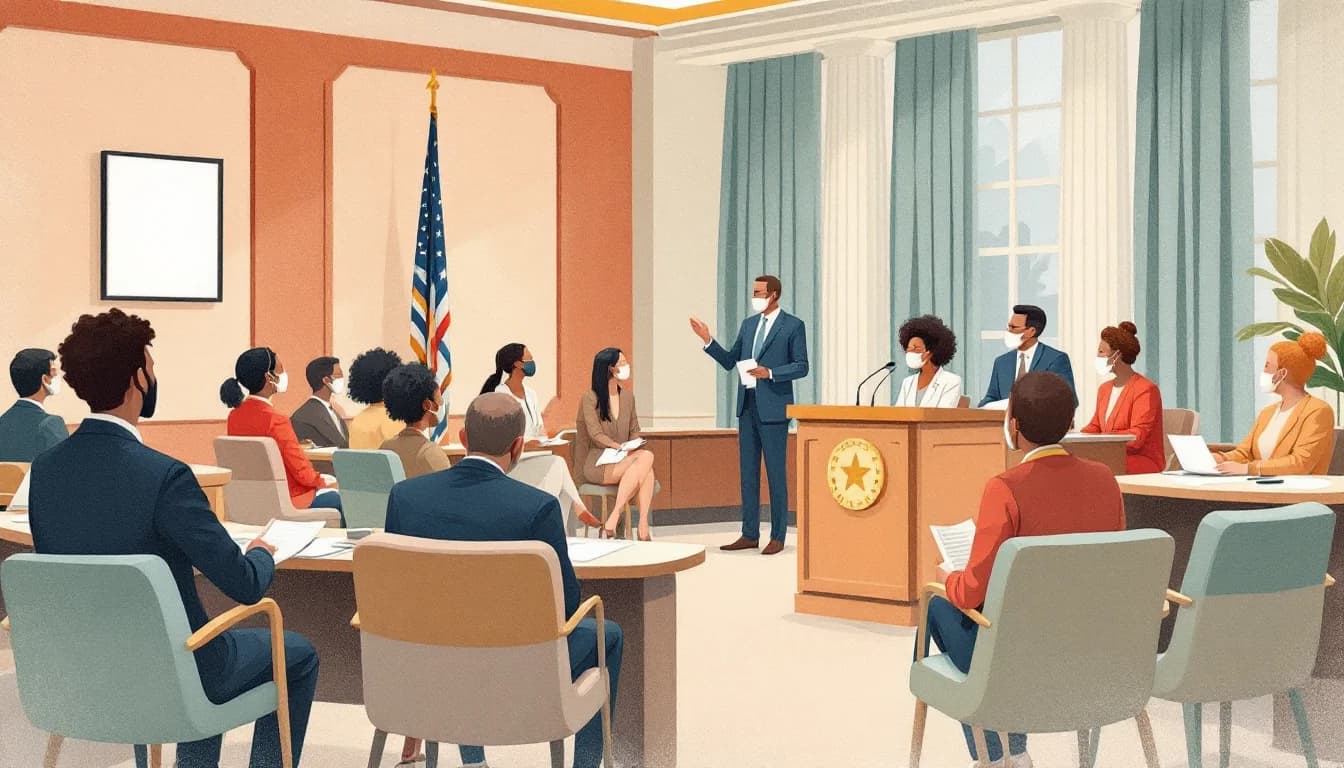 Long Island county government building with community members at public hearing on opioid settlement funds, warm editorial illustration