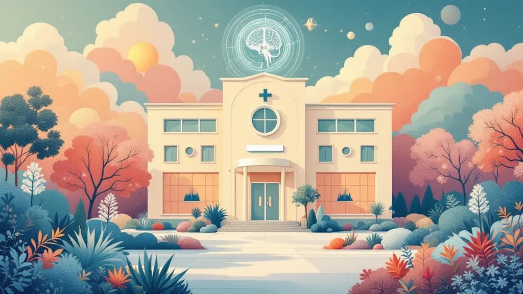 Medical clinic building with calming design elements, representing specialized care for psychedelic-related conditions, warm editorial tones