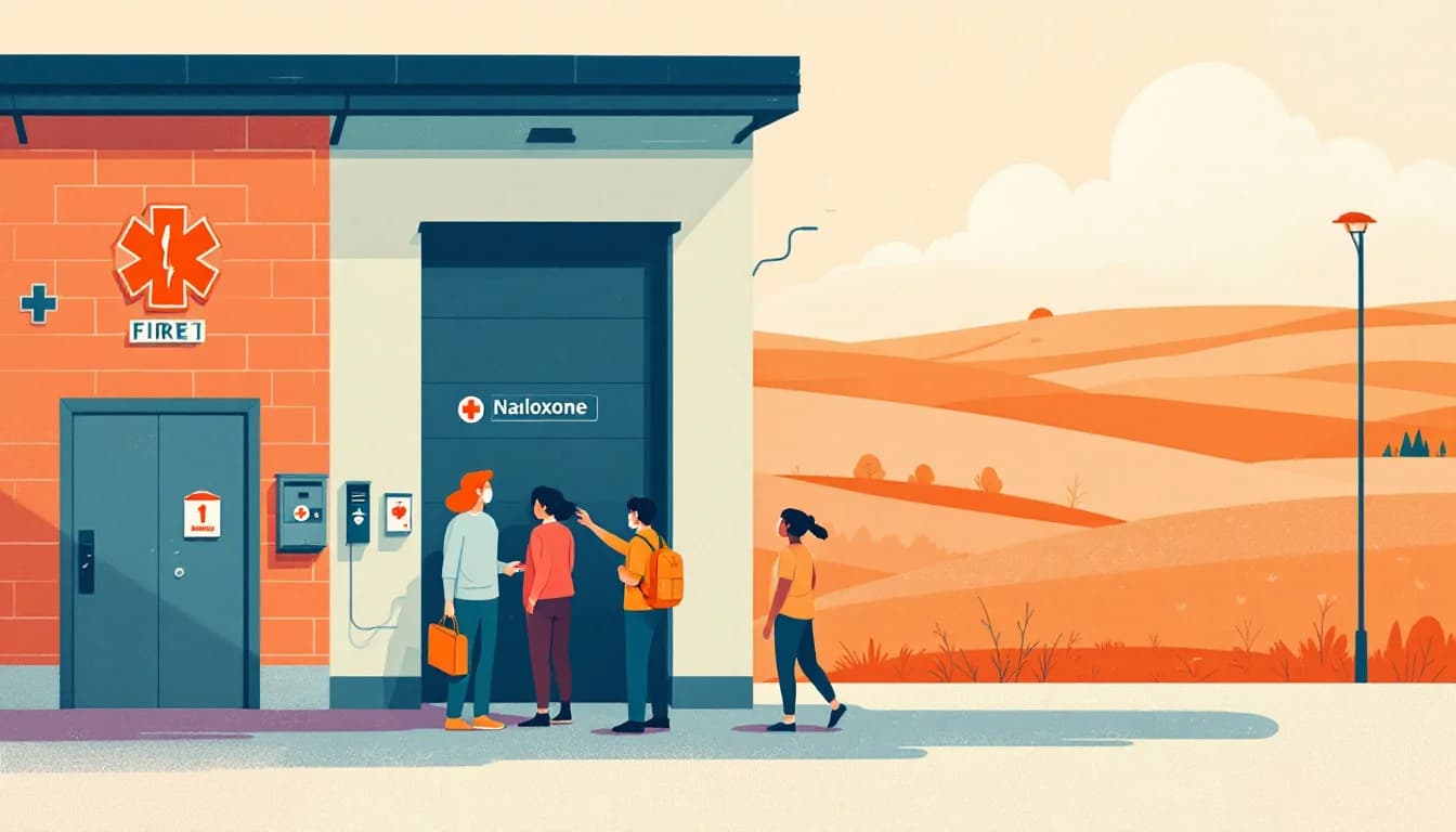 Fire station with naloxone distribution box, emergency medical symbols, community members accessing life-saving medication, Missouri landscape