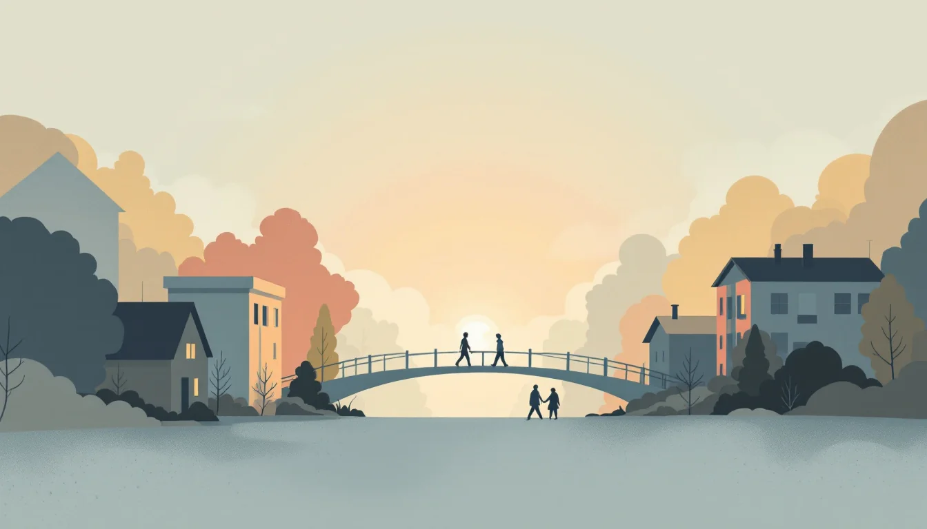 Community support network connecting housing and addiction treatment services, warm editorial illustration