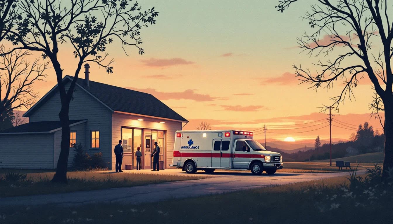 Rural ambulance station at dusk with emergency vehicle, warm editorial illustration