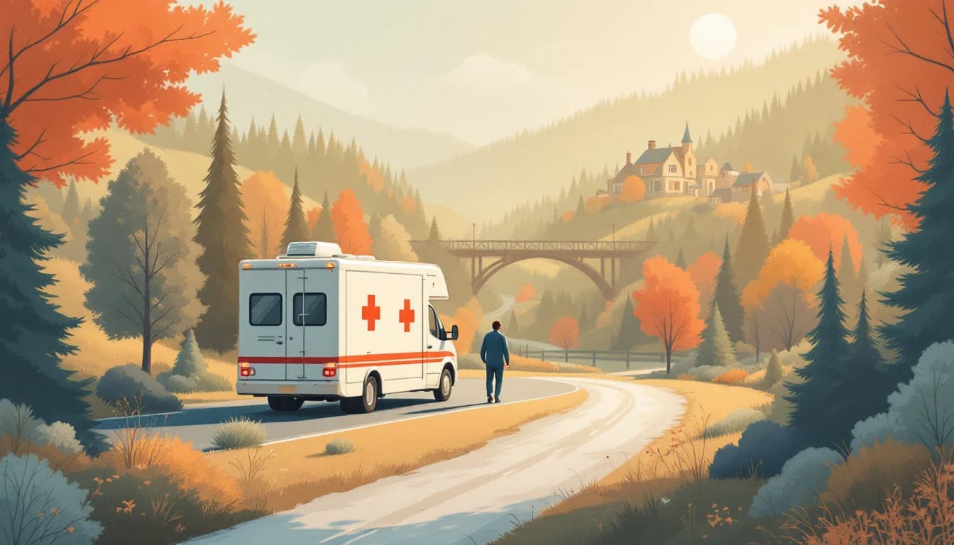Mobile medical unit traveling a rural road through forested countryside, warm editorial illustration