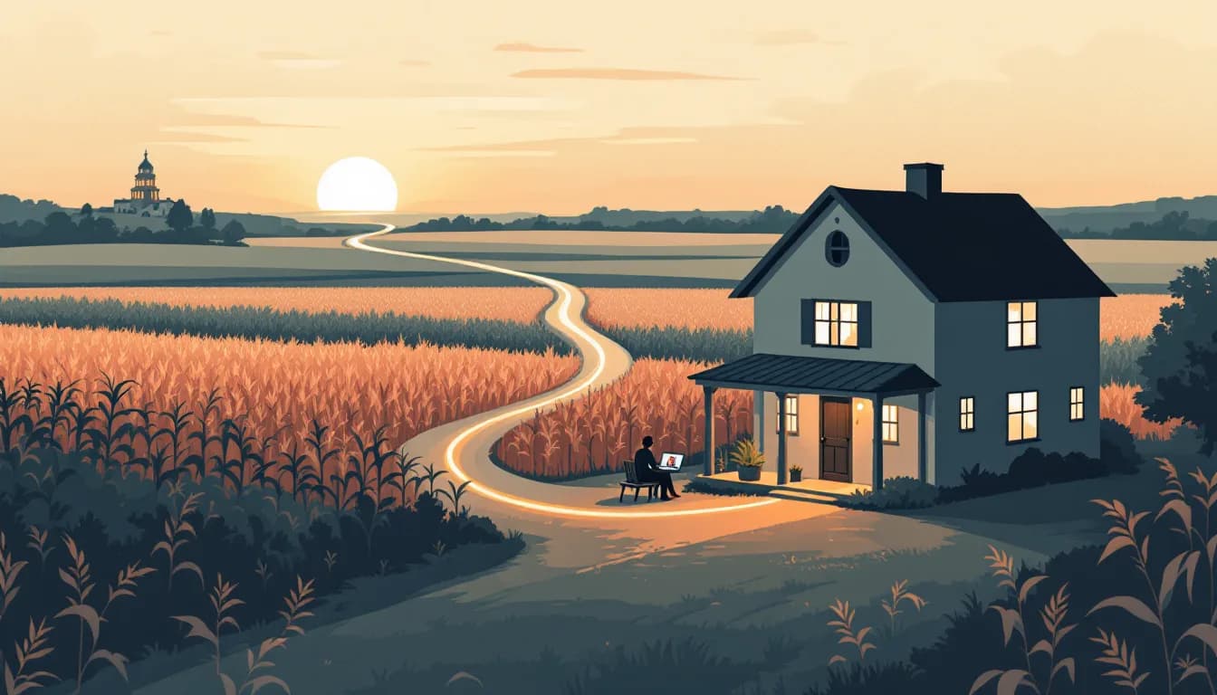 Flat vector editorial illustration of an Iowa farmhouse at sunrise with a glowing ribbon of care from a distant capitol dome reaching a person in a video counseling session on the front porch