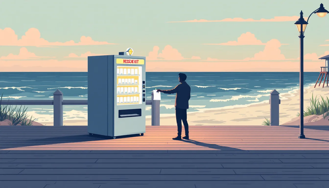 Flat vector editorial illustration of a Jersey Shore boardwalk with a harm reduction vending machine glowing like a lighthouse beacon as a neighbor takes a rescue kit pouch, symbolizing the county's first such machine