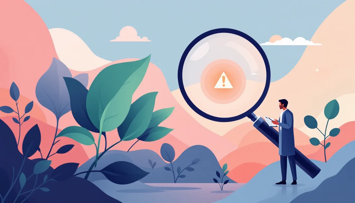 Flat vector editorial illustration of a cannabis leaf growing larger and darker under a magnifying glass as a scientist takes notes, symbolizing rising cannabis potency and use disorder