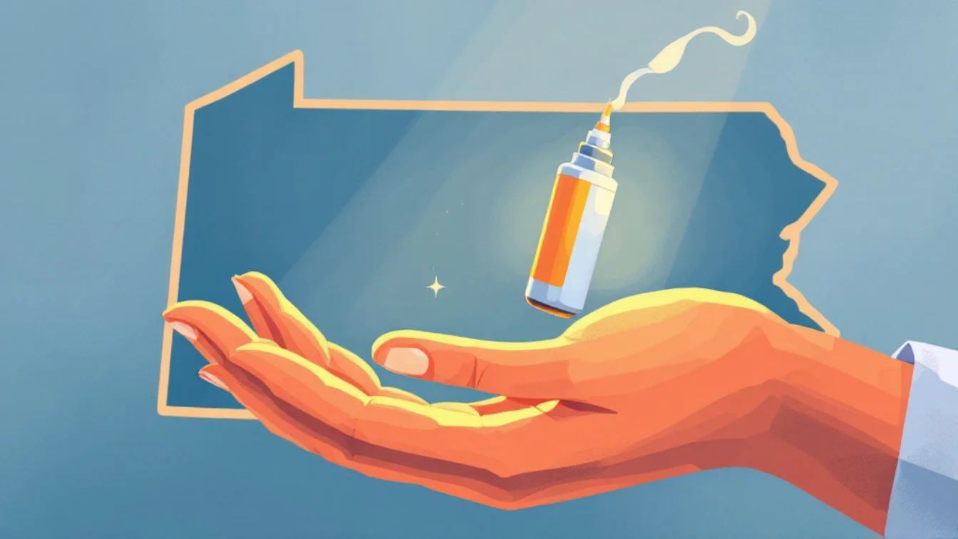 Flat vector editorial illustration of an open hand holding a naloxone nasal spray in front of a glowing Pennsylvania state outline, symbolizing the state's free online overdose response training program