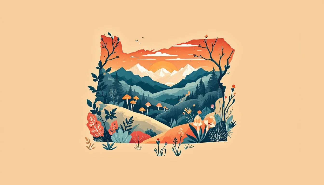 Oregon state landscape with botanical psilocybin symbols, neural pathways, and therapeutic healing environment in warm editorial illustration style