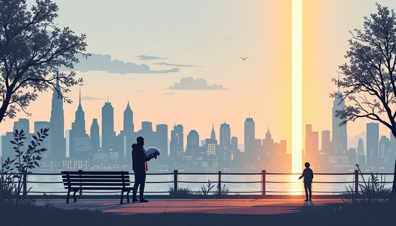 Flat vector editorial illustration of the New York City skyline at dawn with an outreach worker offering a blanket to a person rising from a park bench toward a warm lit doorway, symbolizing the first decline in homeless deaths in years