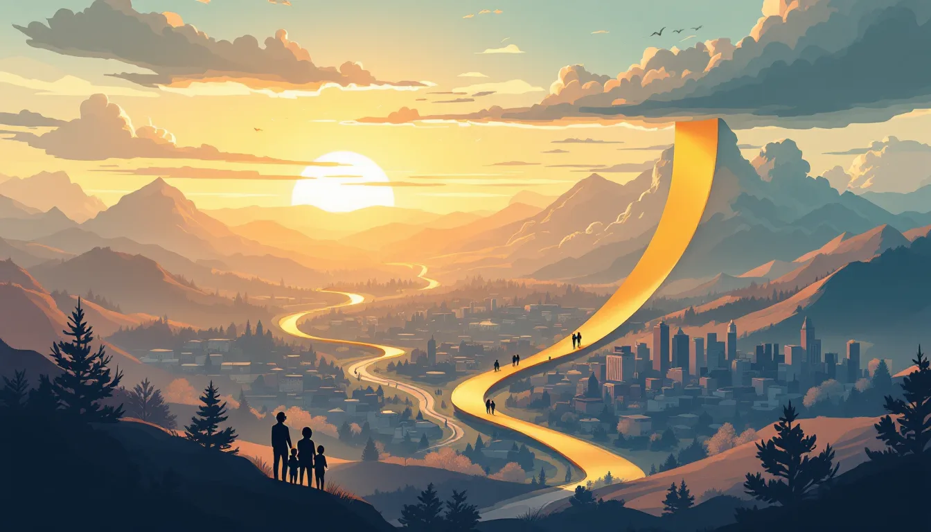 Flat vector editorial illustration of a golden ribbon descending across an American heartland landscape as dark clouds break apart into warm light, symbolizing the sharp national decline in fentanyl deaths