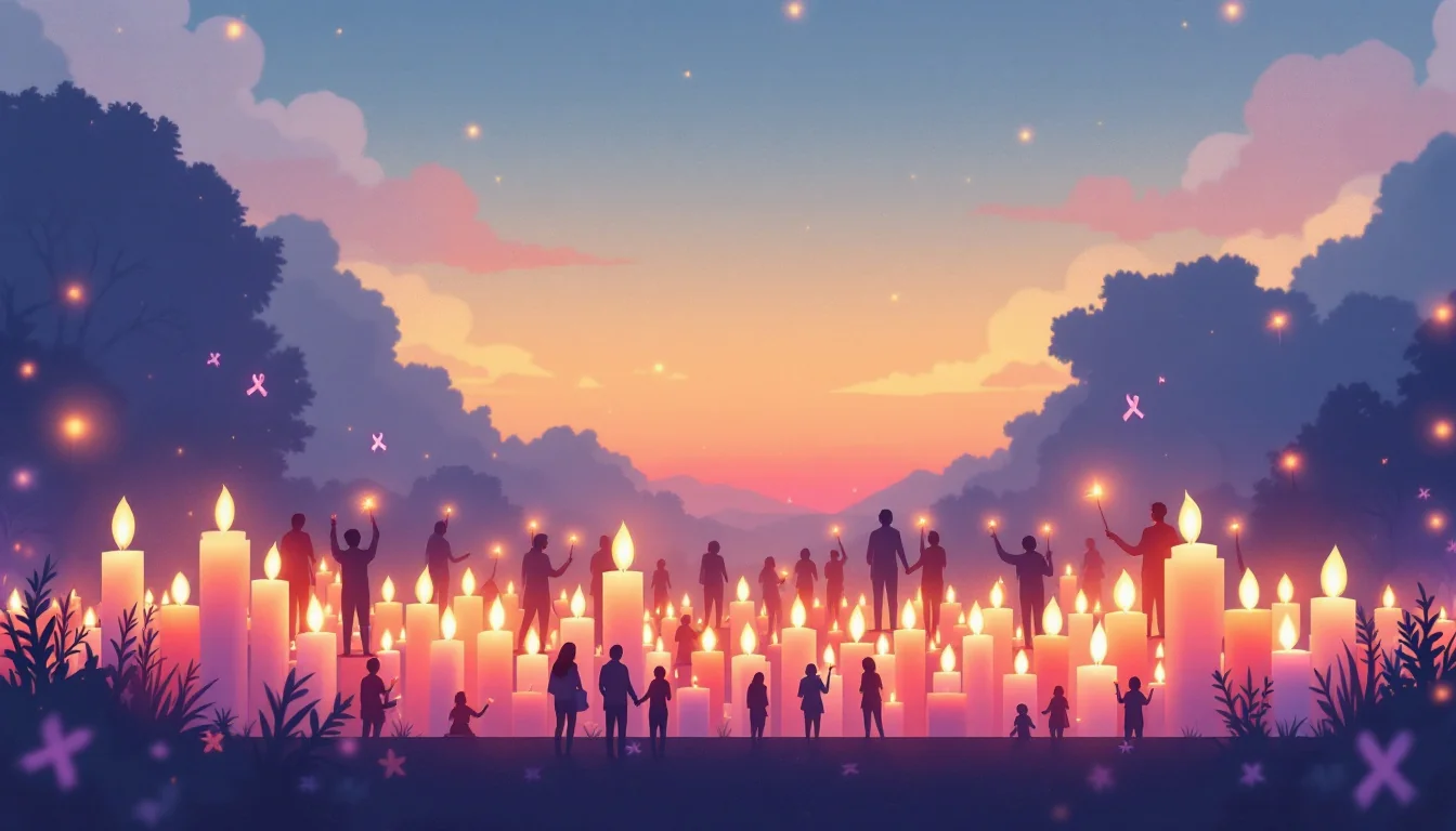 Candles and purple ribbons forming memorial display for overdose awareness, warm editorial illustration with hopeful tone