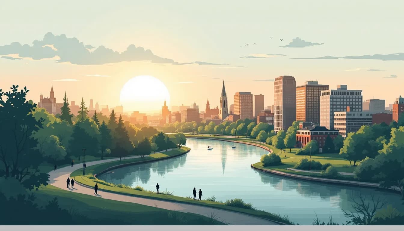 Flat vector editorial illustration of the London Ontario skyline with the Thames River forking through green parkland at sunrise, symbolizing a calm hopeful turn in the opioid crisis