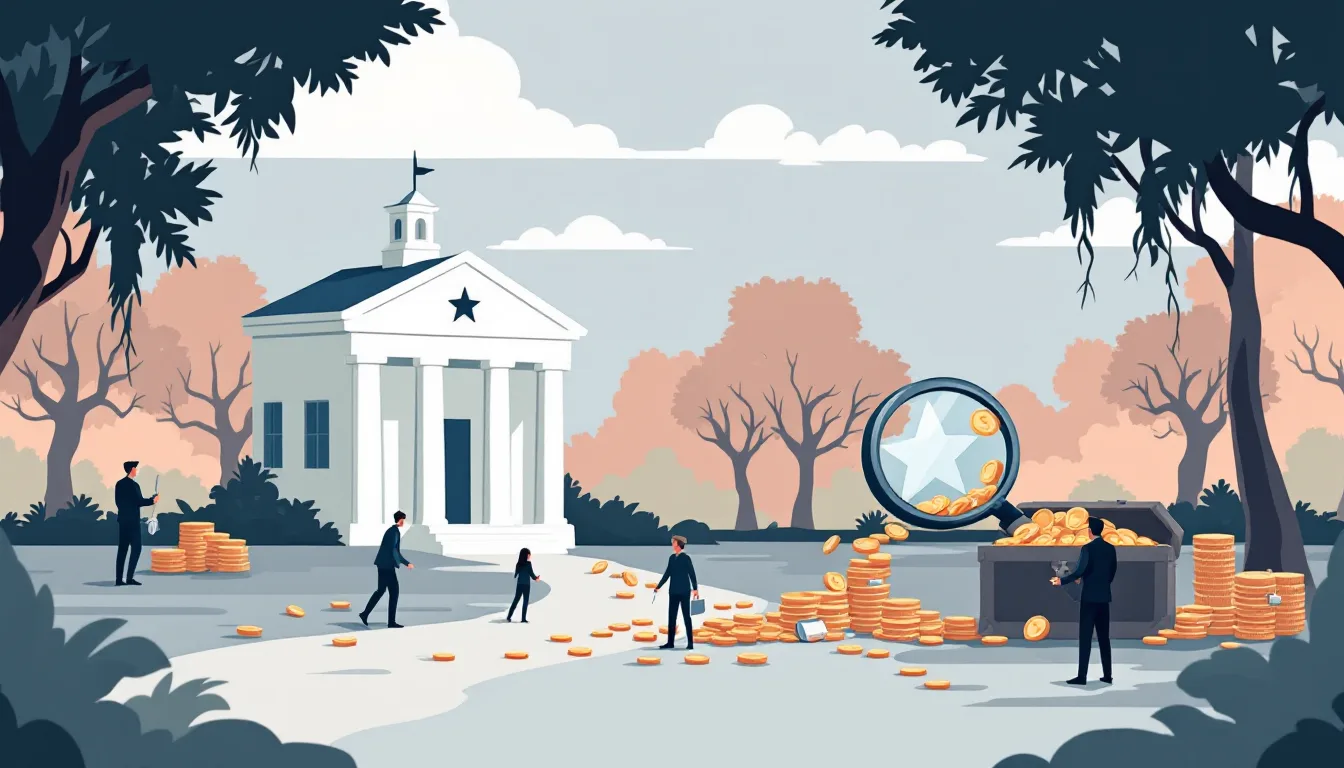 Flat vector editorial illustration of a Louisiana courthouse with a sheriff star and a large magnifying glass following a trail of coins from a public treasure chest, symbolizing an investigation into opioid settlement spending