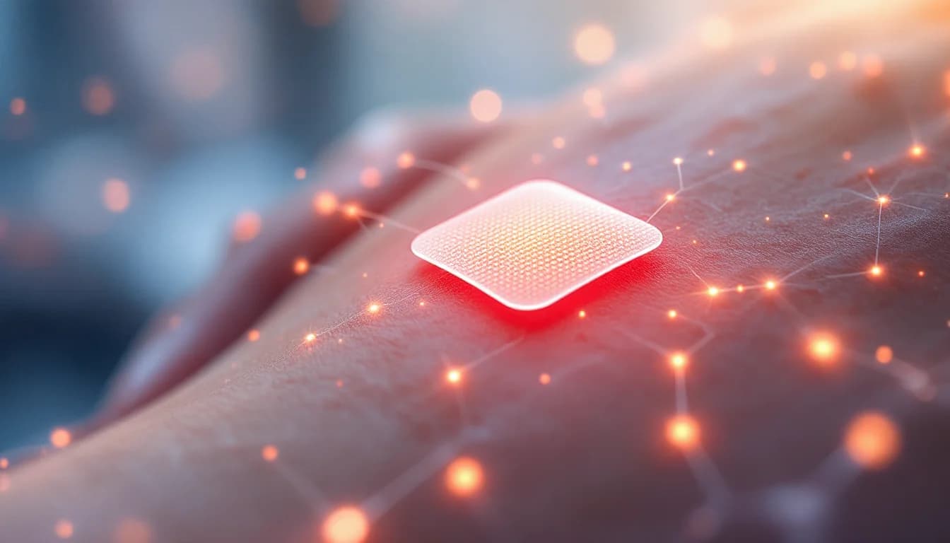 Wireless microneedle electroceutical patch with glowing neural connections, warm editorial illustration