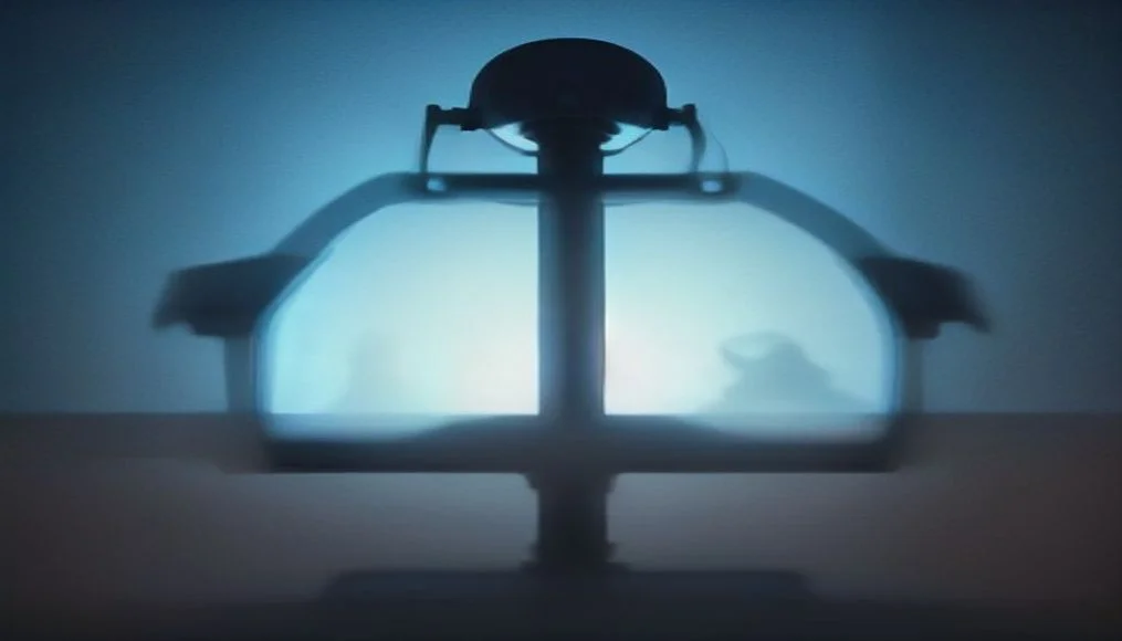 Surveillance camera silhouettes and courthouse scales, warm editorial illustration