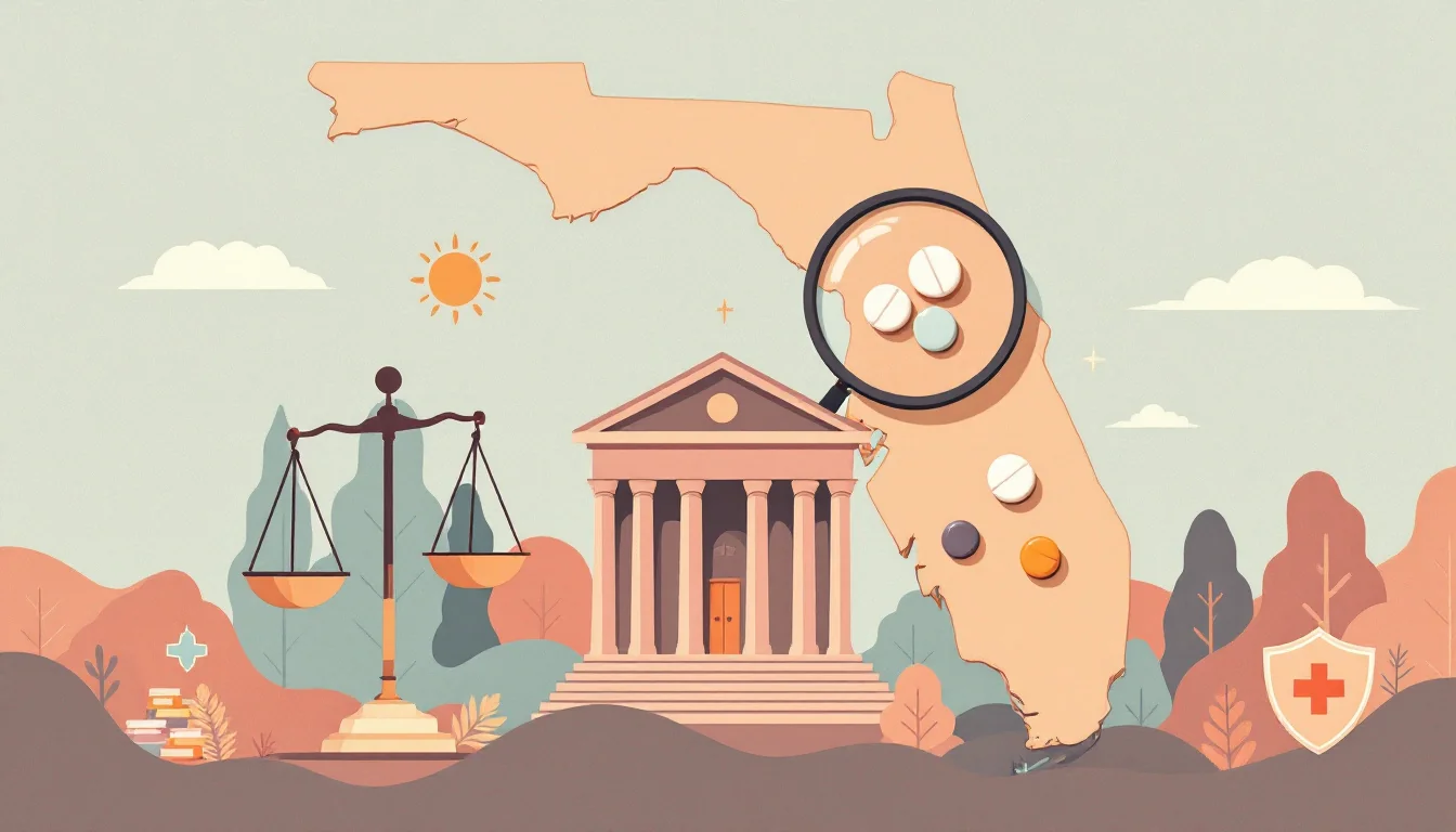 Counterfeit pills under a magnifying glass with a protective shield and digital network symbols, warm editorial illustration
