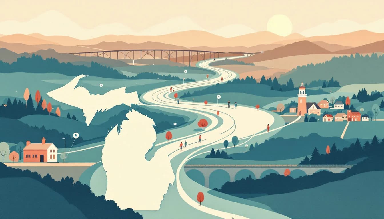 Michigan state map with funding network connecting communities and a bridge, warm editorial illustration