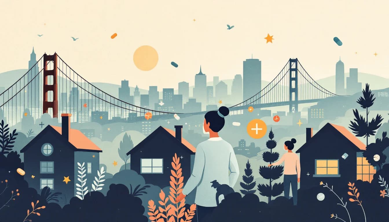 San Francisco cityscape silhouette with protective public health symbols, warm editorial illustration
