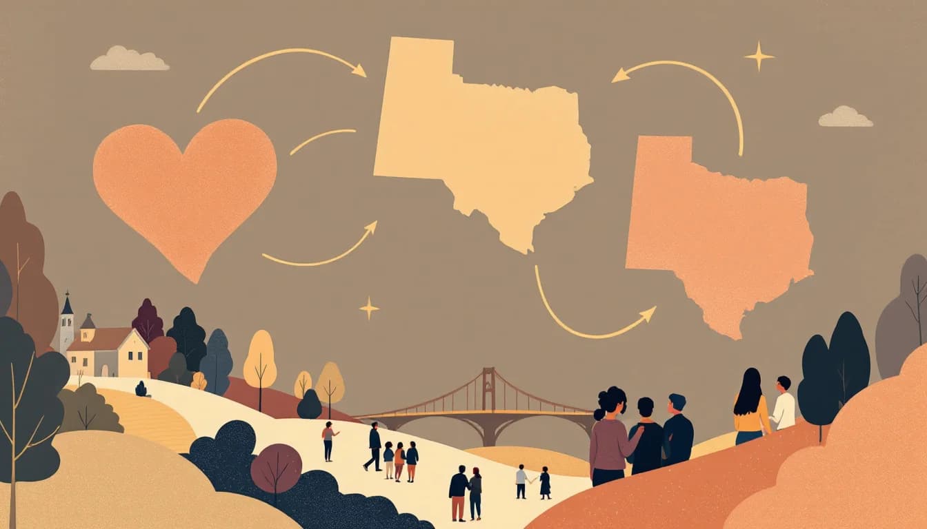 State outlines connected by funding pathways with community and youth silhouettes, warm editorial illustration